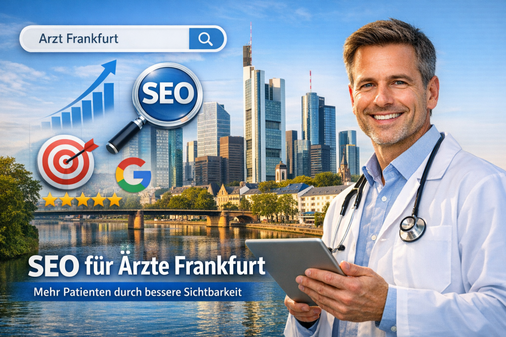 Arzt mit Tablet vor Skyline. SEO Lupe im Hintergrund