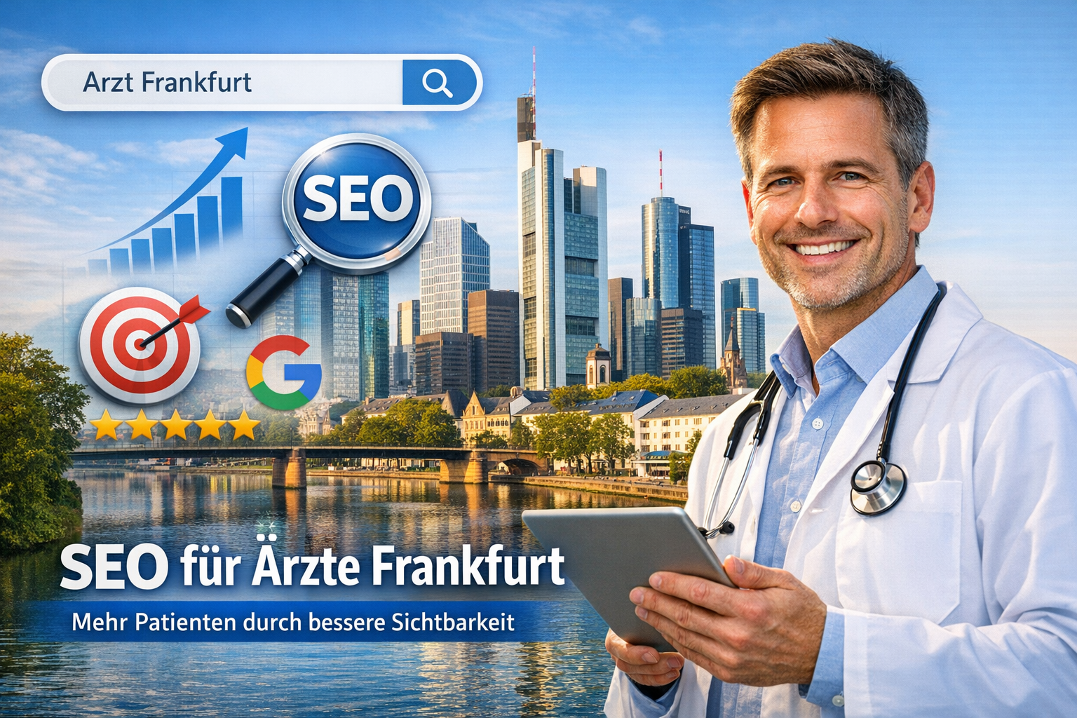 Arzt mit Tablet vor Skyline. SEO Lupe im Hintergrund