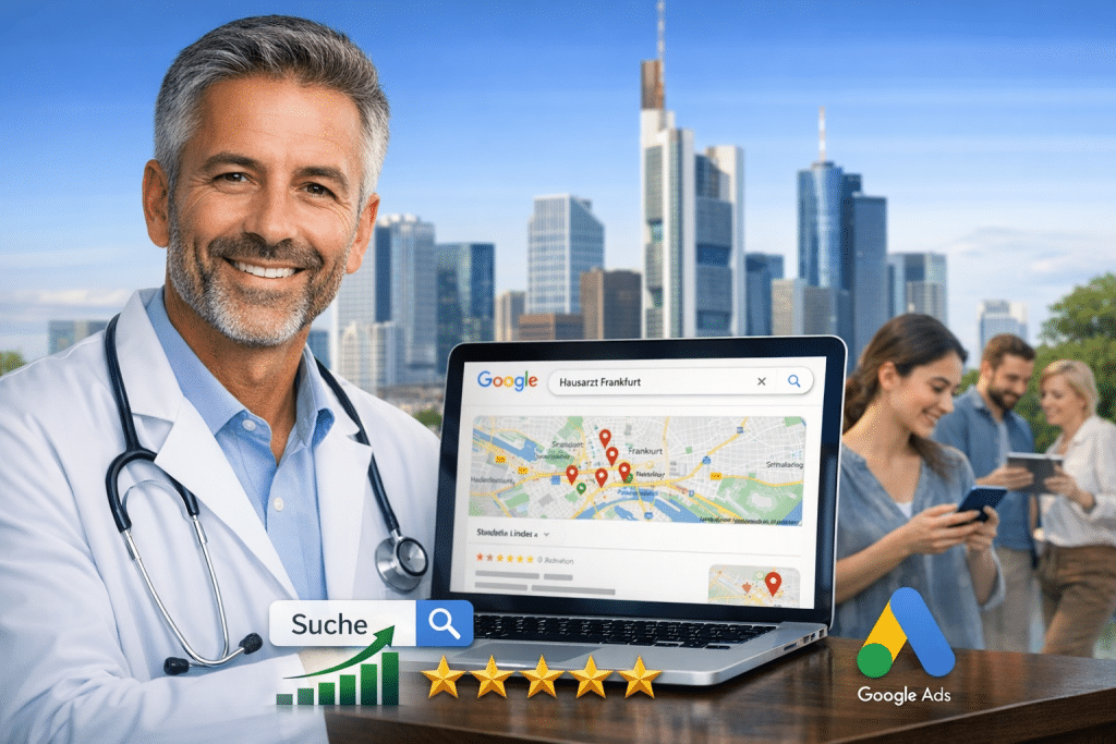 Arzt mit Laptop vor Skyline in Frankfurt